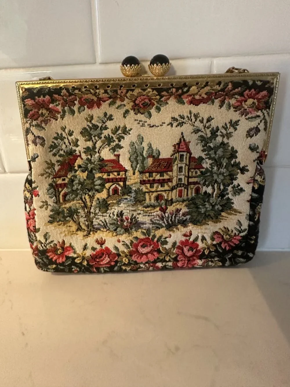 Vintage Mid-Century Tapestry Bag Clutch Pastoral Landscape Made in France Strap